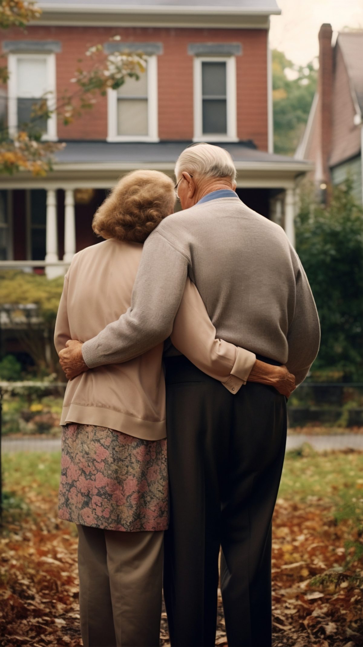 An older couple embraces in front of a two-story brick home.